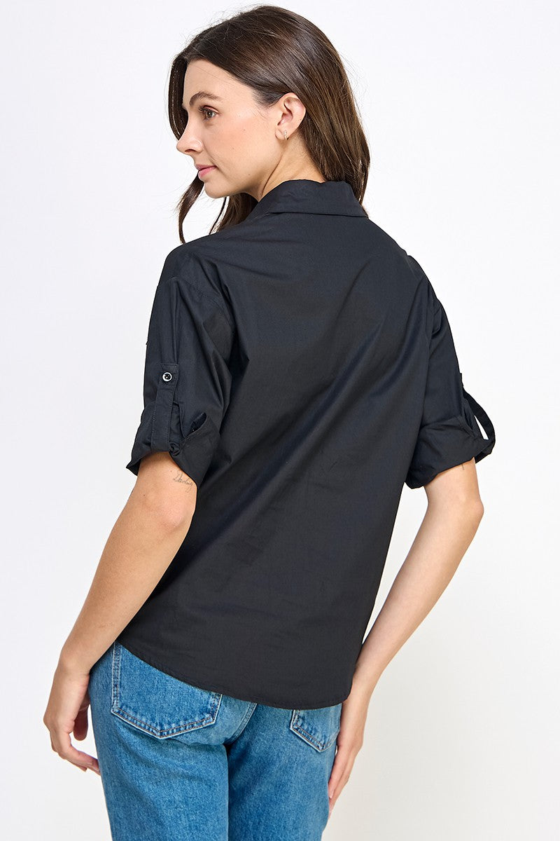 BLUSA CON PEDRERIA 3D EN BOLSILLOS