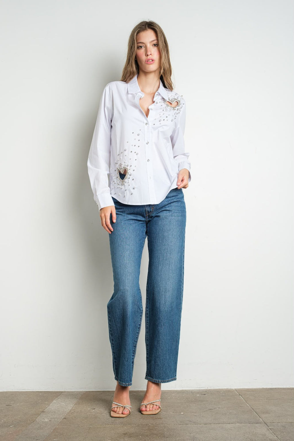 Camisa Doble Corazón Pedrería y Perlas