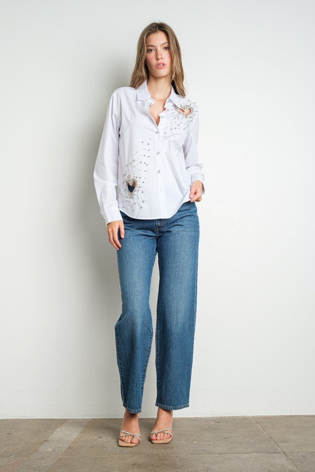 Camisa Doble Corazón Pedrería y Perlas