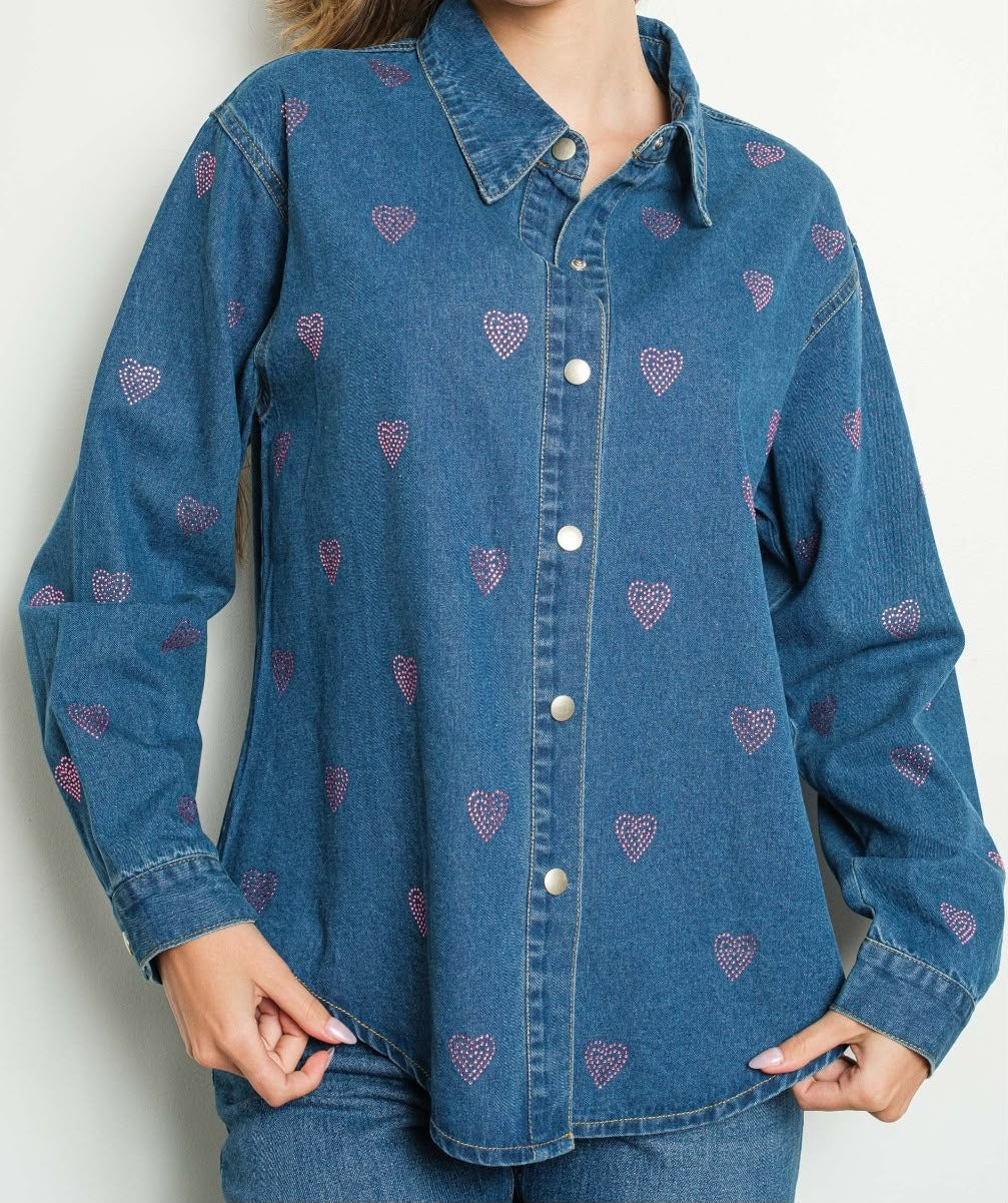 Sobrecamisa Denin Corazones Brillos Rosados