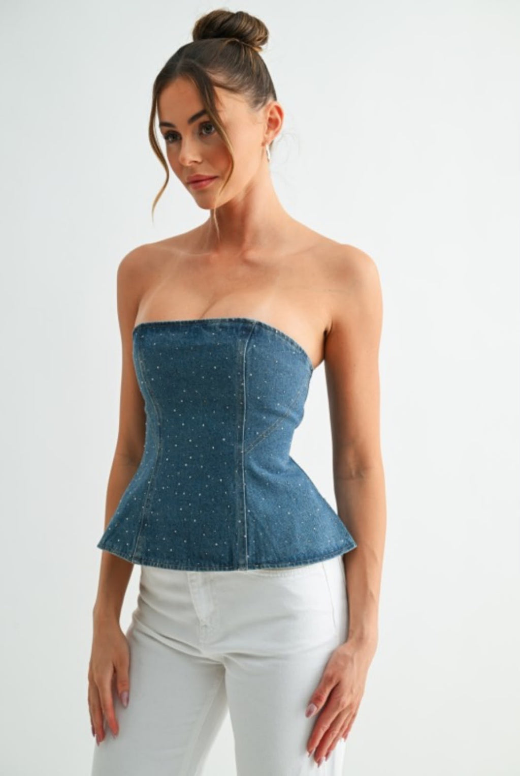 TOP STRAPLESS DENIM CON BRILLOS FORRADO