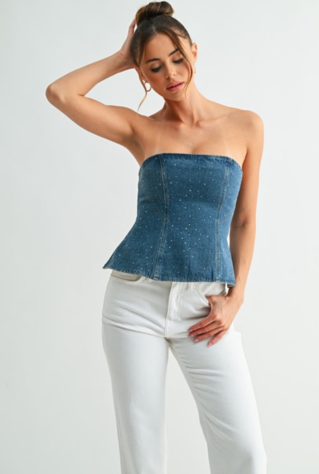 TOP STRAPLESS DENIM CON BRILLOS FORRADO