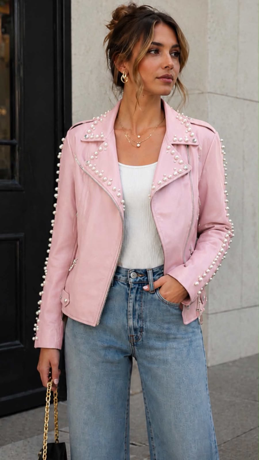 CHAQUETA ECOCUERO CON PERLAS